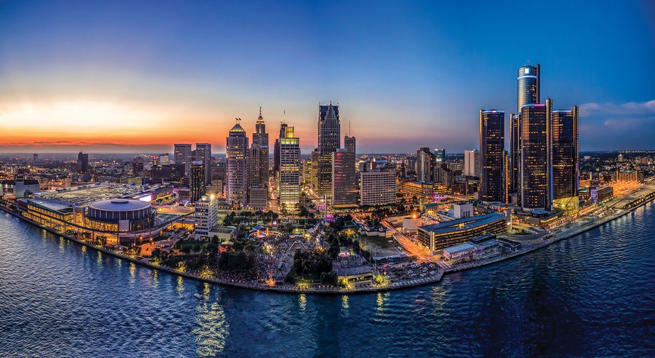 Detroit skyline in the evening.