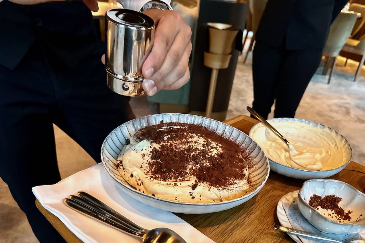 Creating a Tiramisu at the Table, Grace La Margna Hotel in St Moritz, Switzerland